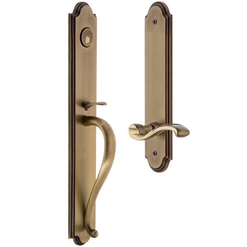 Grandeur Arc One-Piece Dummy Handleset with S Grip and Portofino Left Handed Lever in Vintage Brass