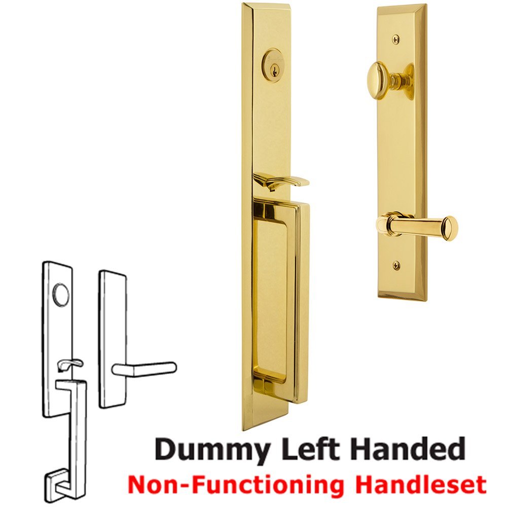 Grandeur One-Piece Dummy Handleset with D Grip and Georgetown Left Handed Lever in Lifetime Brass