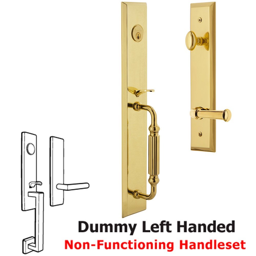 Grandeur One-Piece Dummy Handleset with F Grip and Georgetown Left Handed Lever in Lifetime Brass