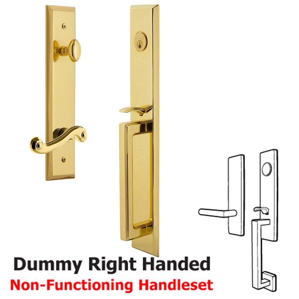 Grandeur One-Piece Dummy Handleset with D Grip and Newport Right Handed Lever in Lifetime Brass