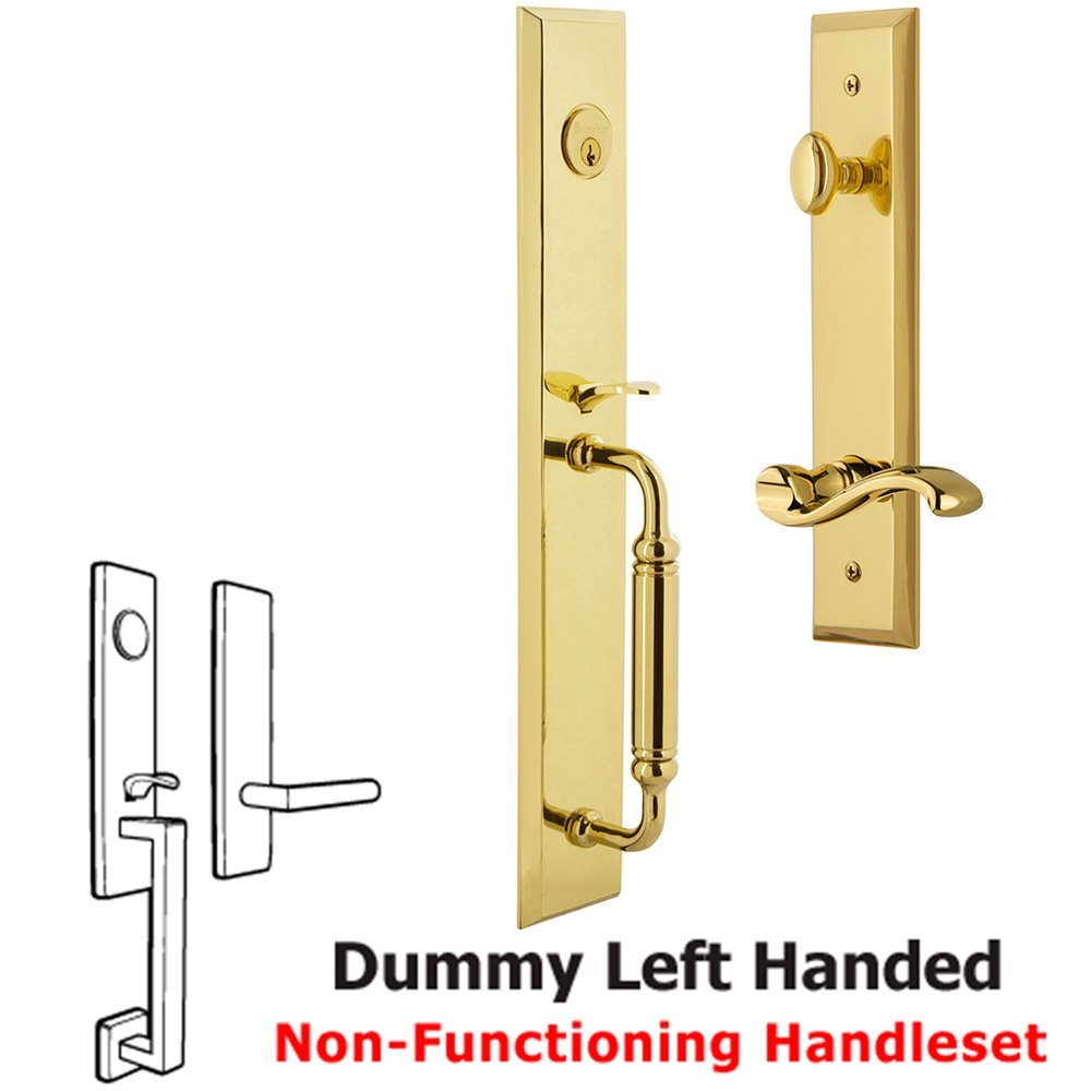 Grandeur One-Piece Dummy Handleset with C Grip and Portofino Left Handed Lever in Lifetime Brass