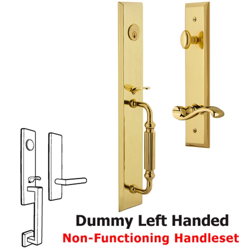 Grandeur One-Piece Dummy Handleset with F Grip and Portofino Left Handed Lever in Lifetime Brass