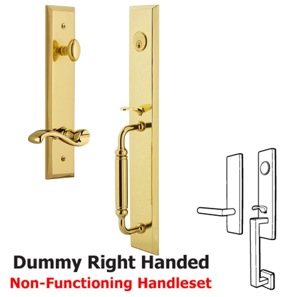 Grandeur One-Piece Dummy Handleset with C Grip and Portofino Right Handed Lever in Lifetime Brass