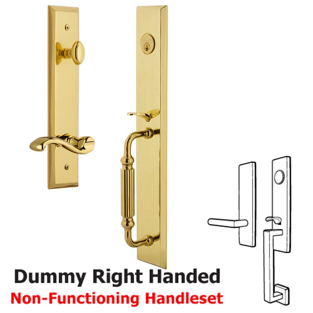 Grandeur One-Piece Dummy Handleset with F Grip and Portofino Right Handed Lever in Lifetime Brass