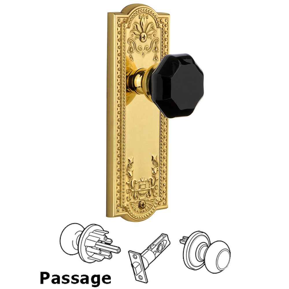 Grandeur Passage - Parthenon Rosette with Black Lyon Crystal Knob in Polished Brass
