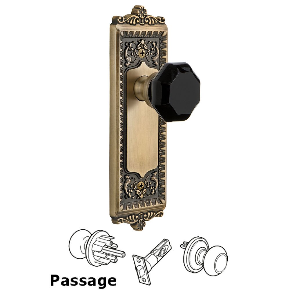 Grandeur Passage - Windsor Rosette with Black Lyon Crystal Knob in Vintage Brass