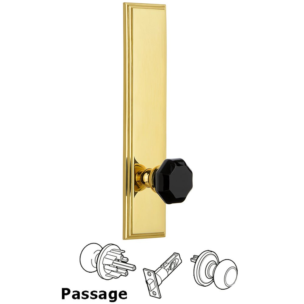 Grandeur Passage Carre Tall Plate with Black Lyon Crystal Knob in Lifetime Brass