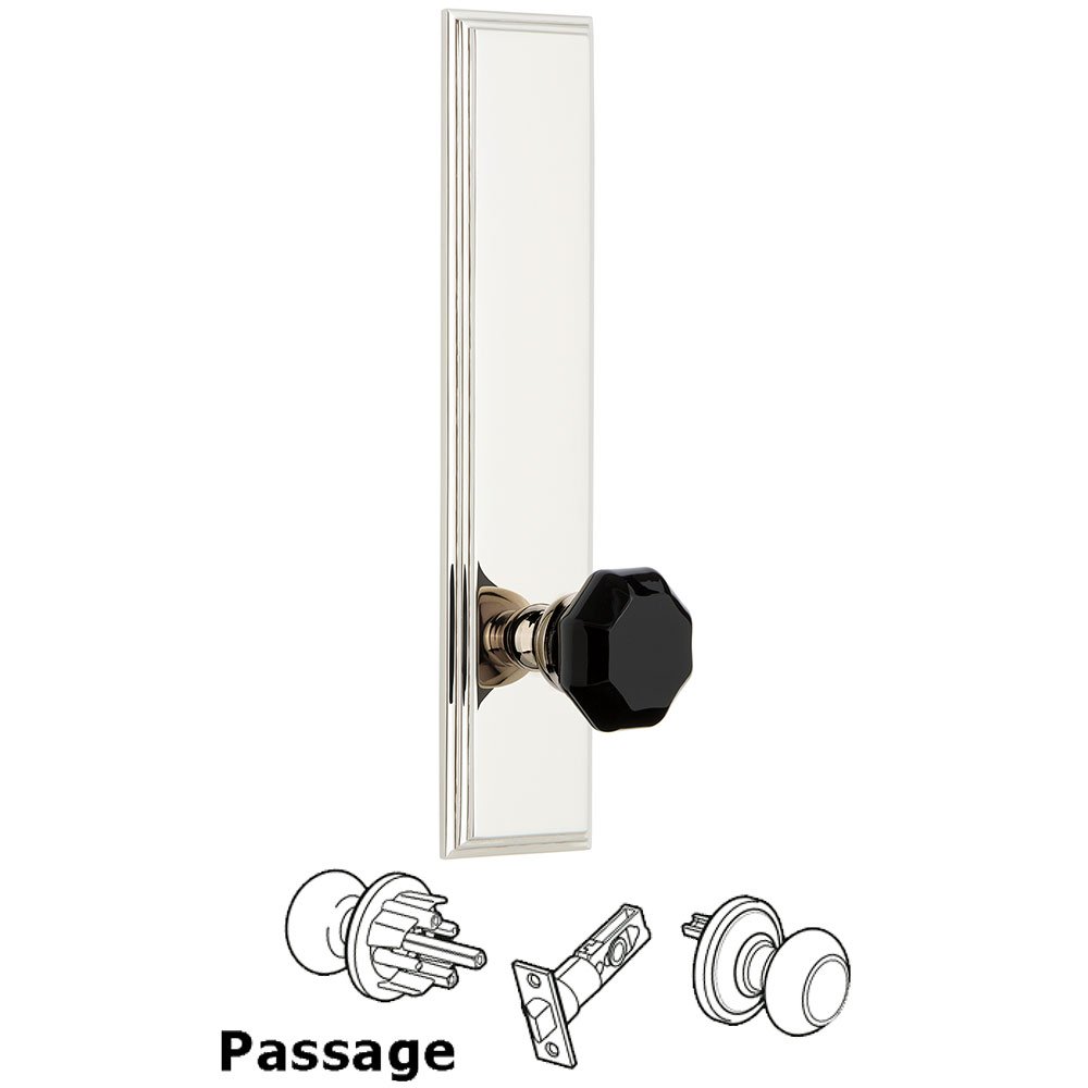 Grandeur Passage Carre Tall Plate with Black Lyon Crystal Knob in Polished Nickel