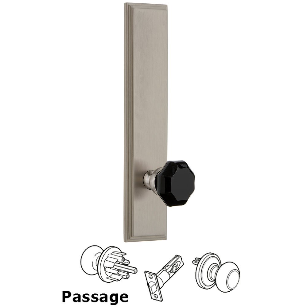 Grandeur Passage Carre Tall Plate with Black Lyon Crystal Knob in Satin Nickel