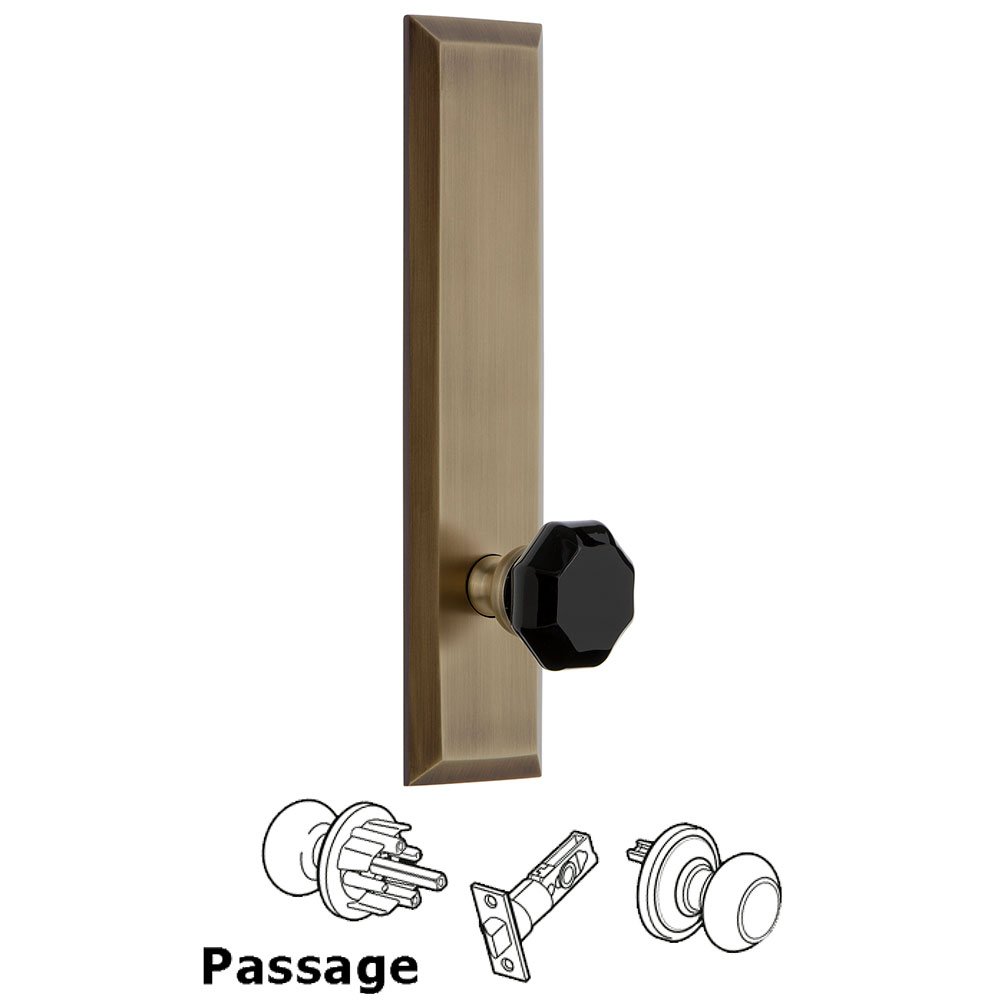 Grandeur Passage Fifth Avenue Tall with Black Lyon Crystal Knob in Vintage Brass