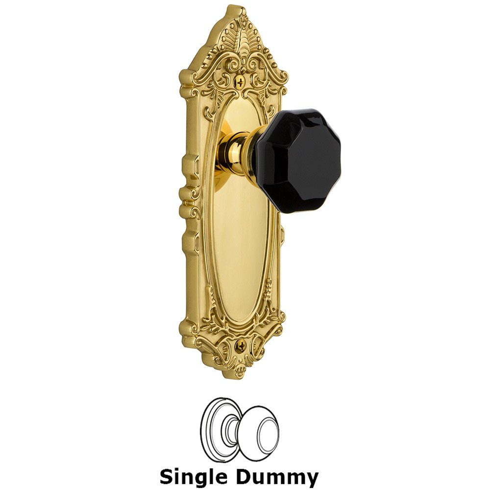 Grandeur Single Dummy - Grande Victorian Rosette with Black Lyon Crystal Knob in Polished Brass