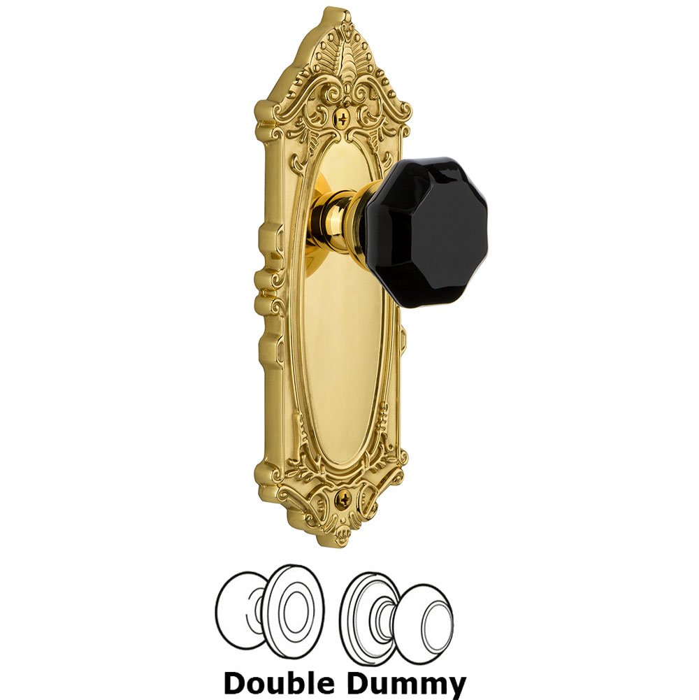 Grandeur Double Dummy - Grande Victorian Rosette with Black Lyon Crystal Knob in Polished Brass