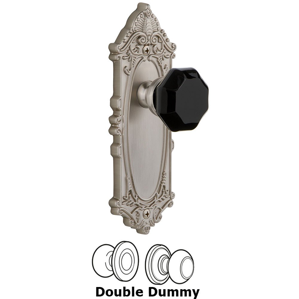 Grandeur Double Dummy - Grande Victorian Rosette with Black Lyon Crystal Knob in Satin Nickel
