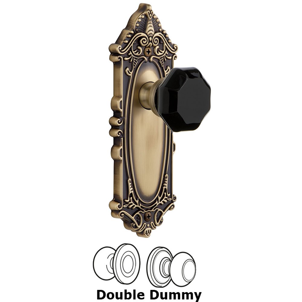 Grandeur Double Dummy - Grande Victorian Rosette with Black Lyon Crystal Knob in Vintage Brass