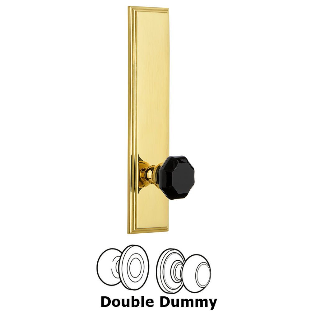 Grandeur Double Dummy Carre Tall Plate with Black Lyon Crystal Knob in Polished Brass