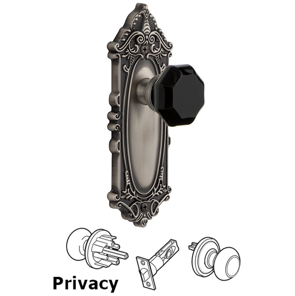 Grandeur Privacy - Grande Victorian Rosette with Black Lyon Crystal Knob in Antique Pewter