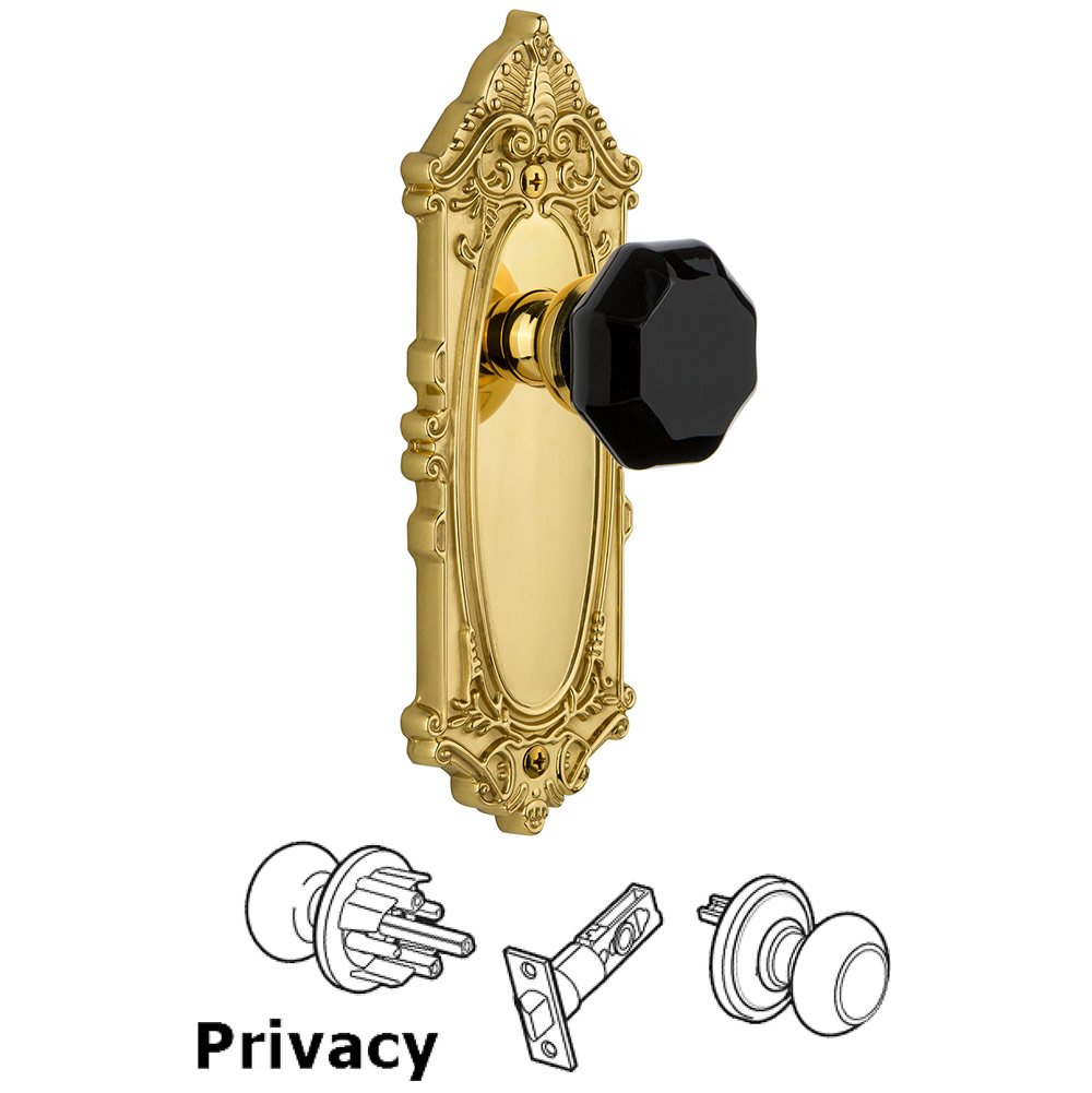 Grandeur Privacy - Grande Victorian Rosette with Black Lyon Crystal Knob in Polished Brass