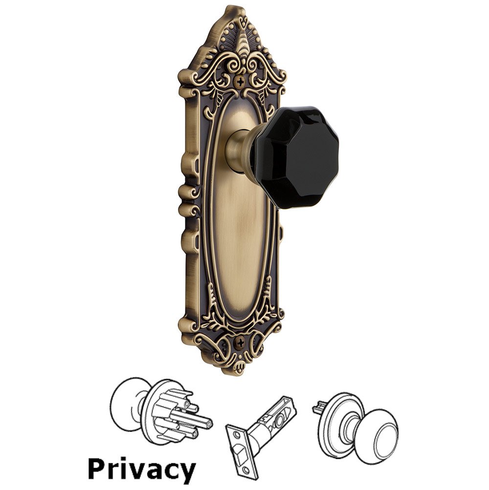 Grandeur Privacy - Grande Victorian Rosette with Black Lyon Crystal Knob in Vintage Brass