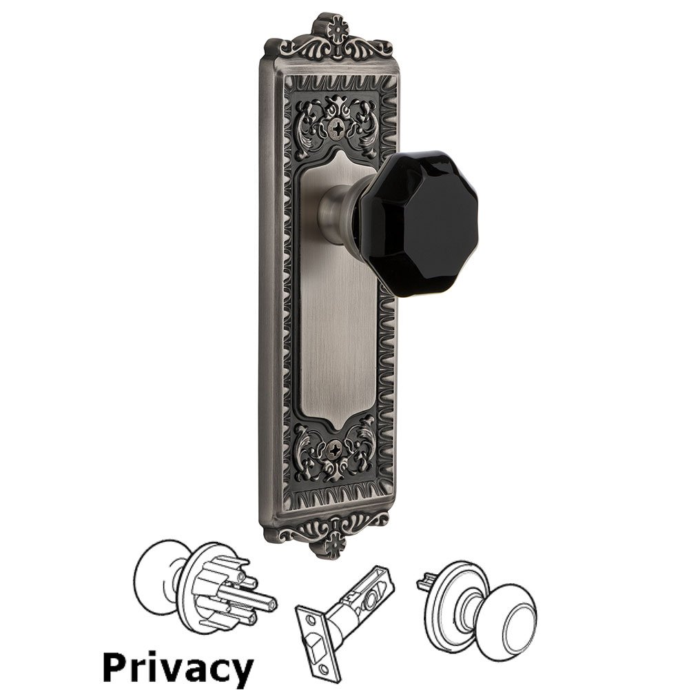 Grandeur Privacy - Windsor Rosette with Black Lyon Crystal Knob in Antique Pewter