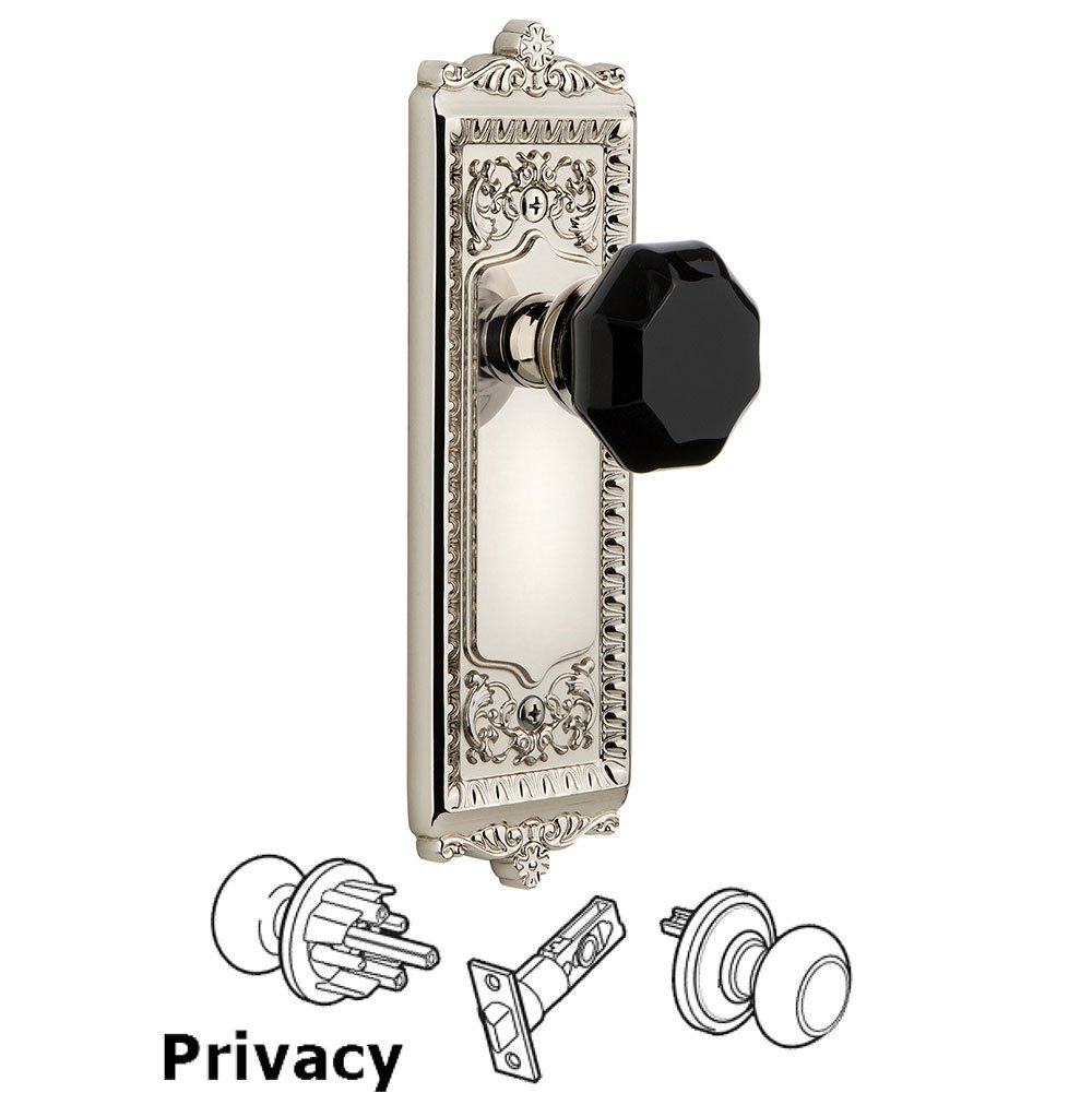 Grandeur Privacy - Windsor Rosette with Black Lyon Crystal Knob in Polished Nickel