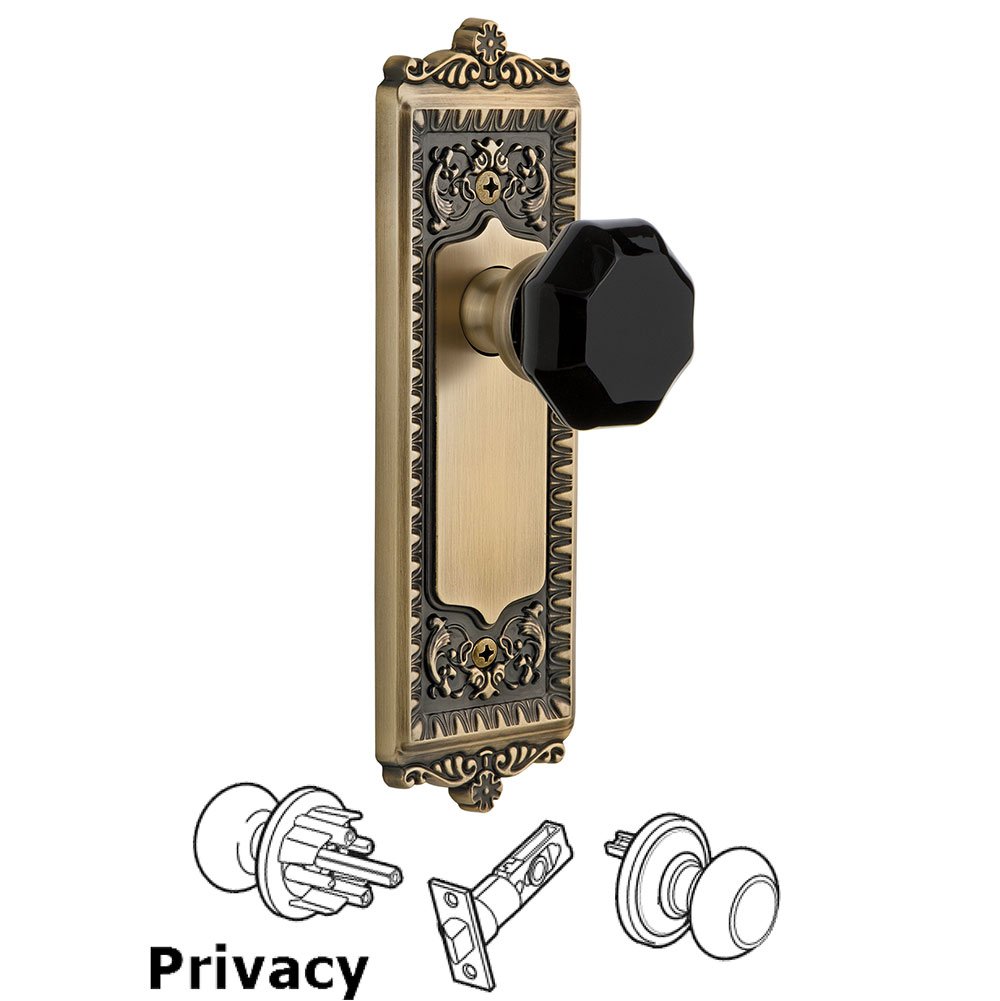 Grandeur Privacy - Windsor Rosette with Black Lyon Crystal Knob in Vintage Brass