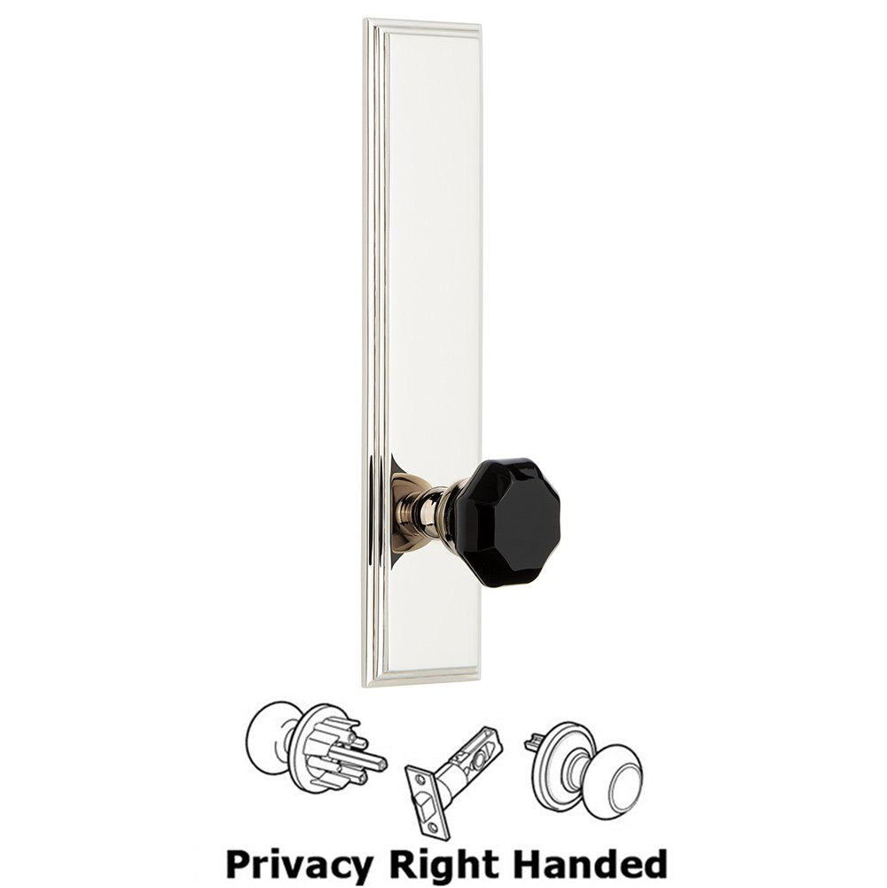 Grandeur Privacy Carre Tall Plate with Black Lyon Crystal Knob in Polished Nickel