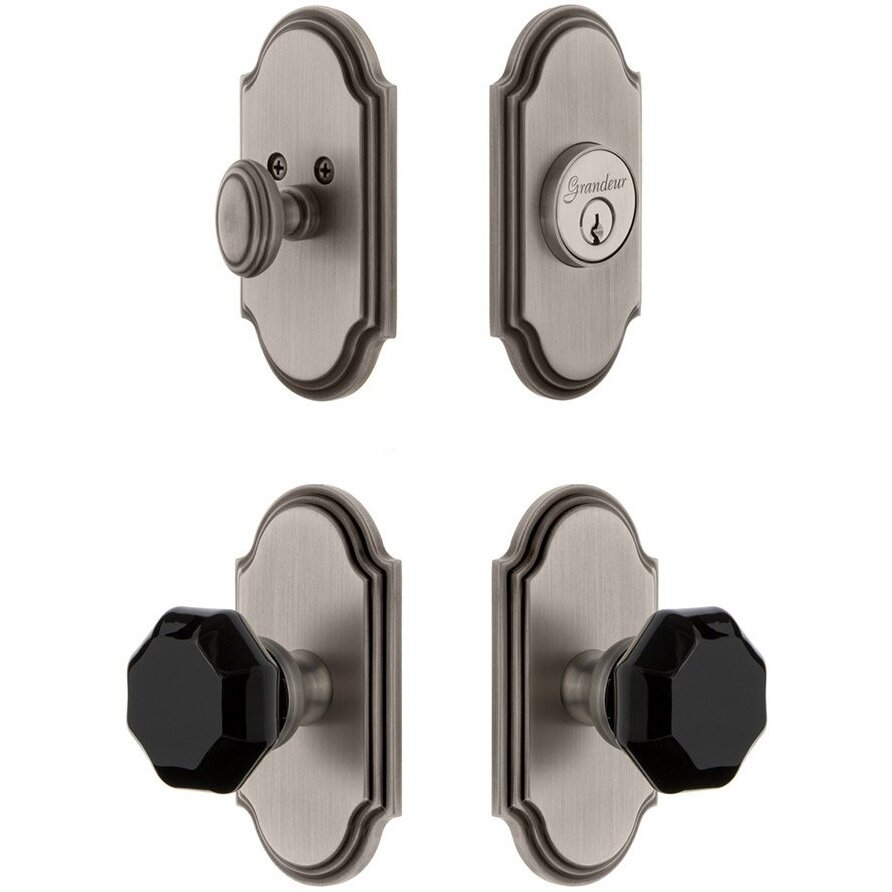 Grandeur Arc Plate with Lyon Knob and matching Deadbolt in Antique Pewter