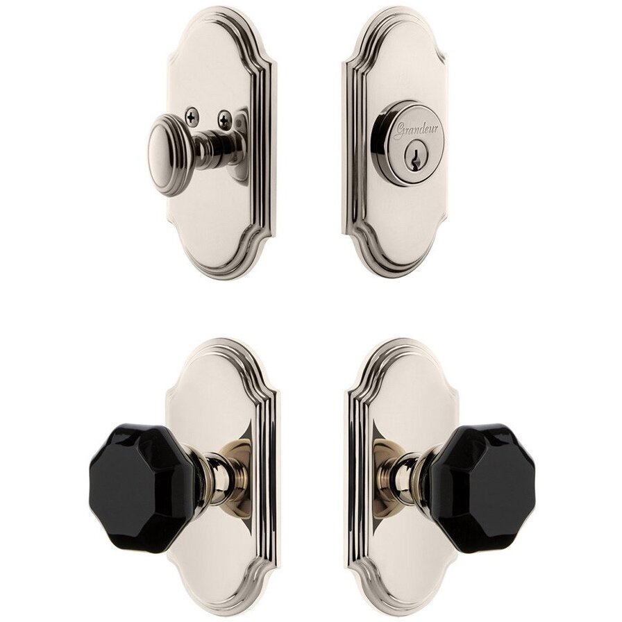 Grandeur Arc Plate with Lyon Knob and matching Deadbolt in Polished Nickel