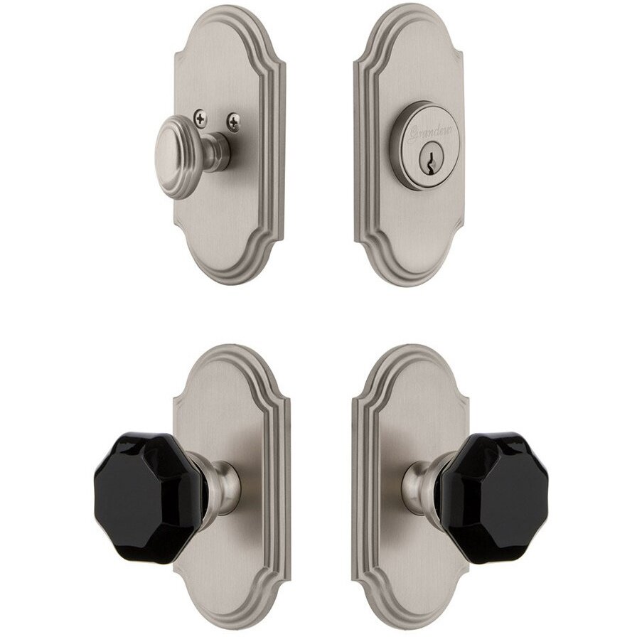 Grandeur Arc Plate with Lyon Knob and matching Deadbolt in Satin Nickel