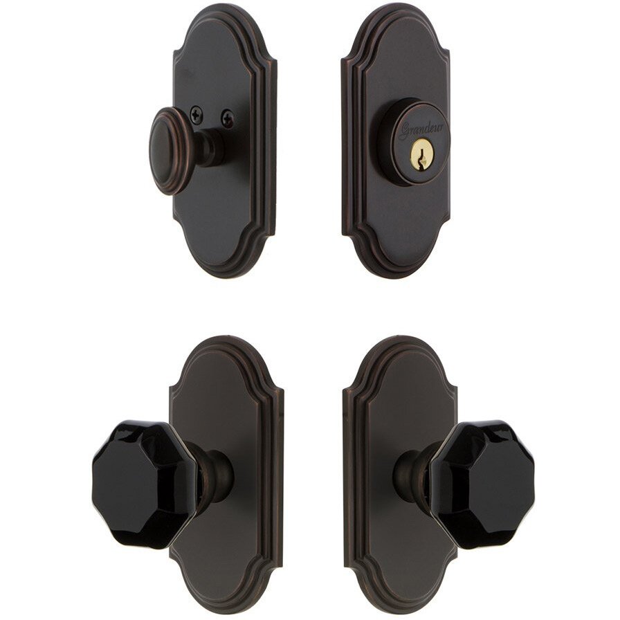 Grandeur Arc Plate with Lyon Knob and matching Deadbolt in Timeless Bronze
