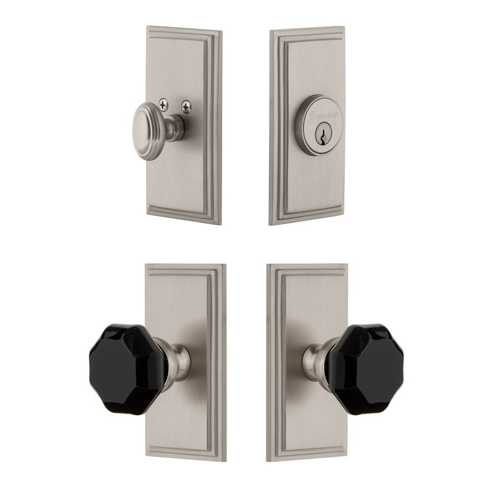Grandeur Carre Plate with Lyon Knob and matching Deadbolt in Satin Nickel