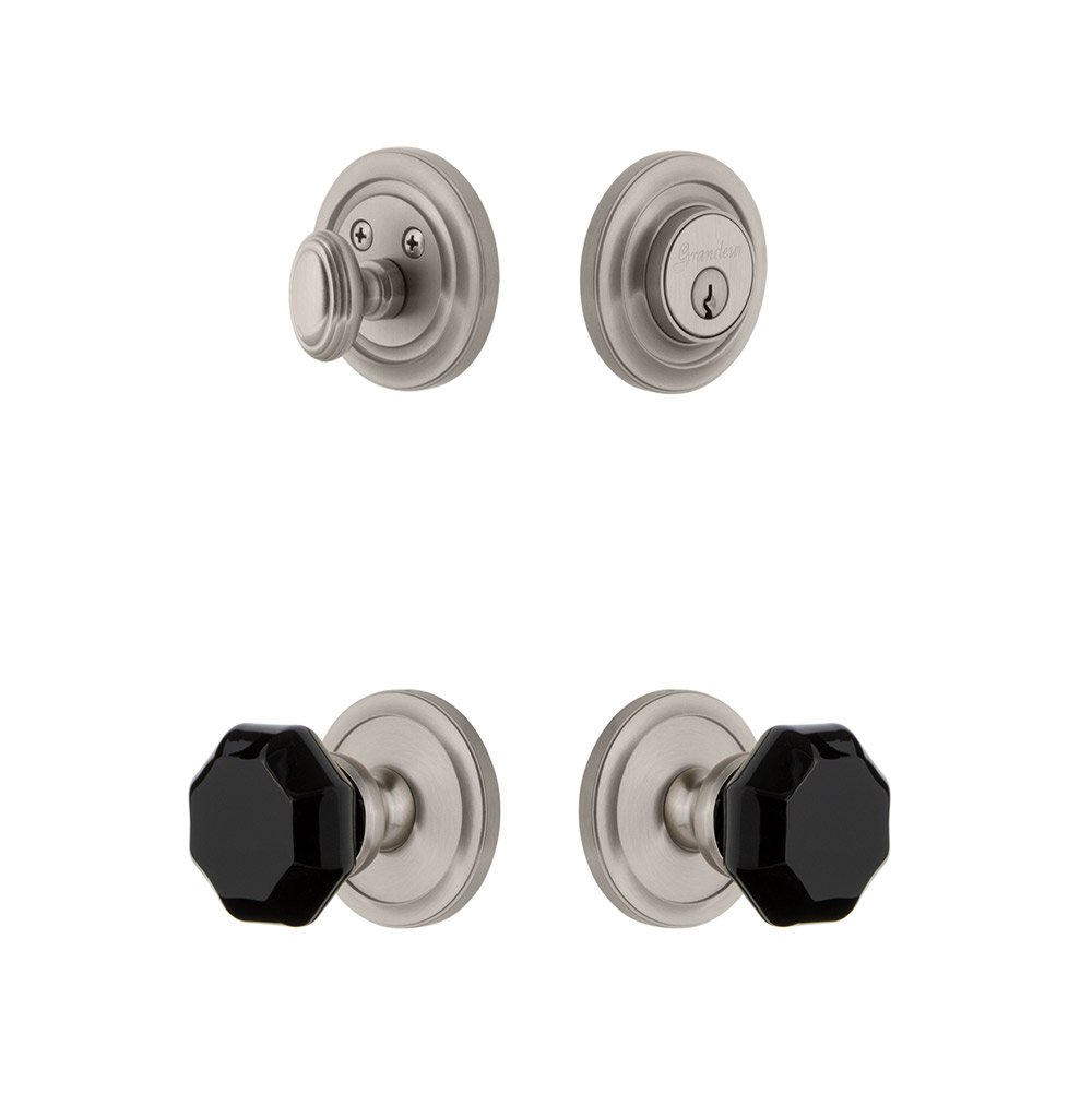 Grandeur Circulaire Rosette with Lyon Knob and matching Deadbolt in Satin Nickel