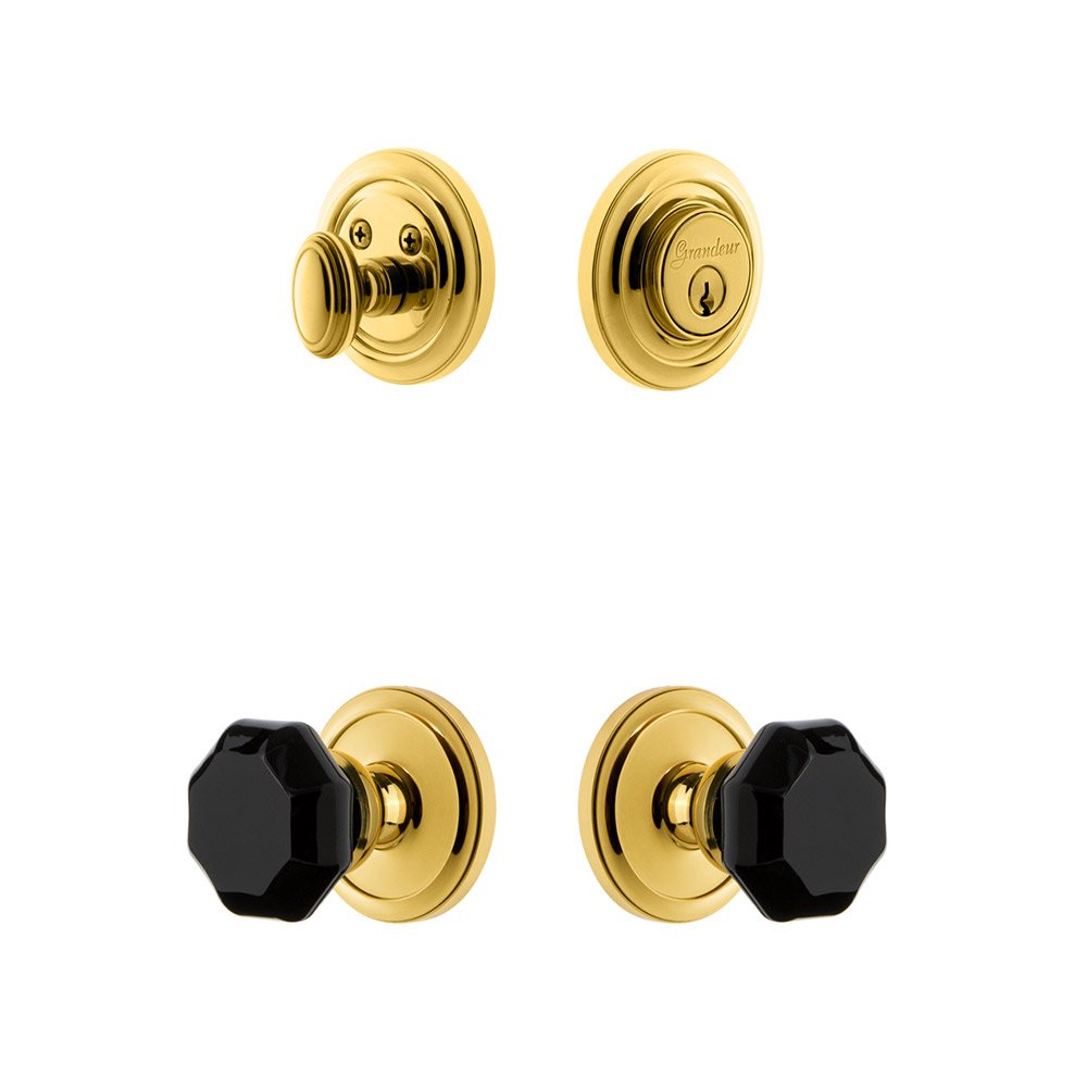 Grandeur Circulaire Rosette with Lyon Knob and matching Deadbolt in Lifetime Brass