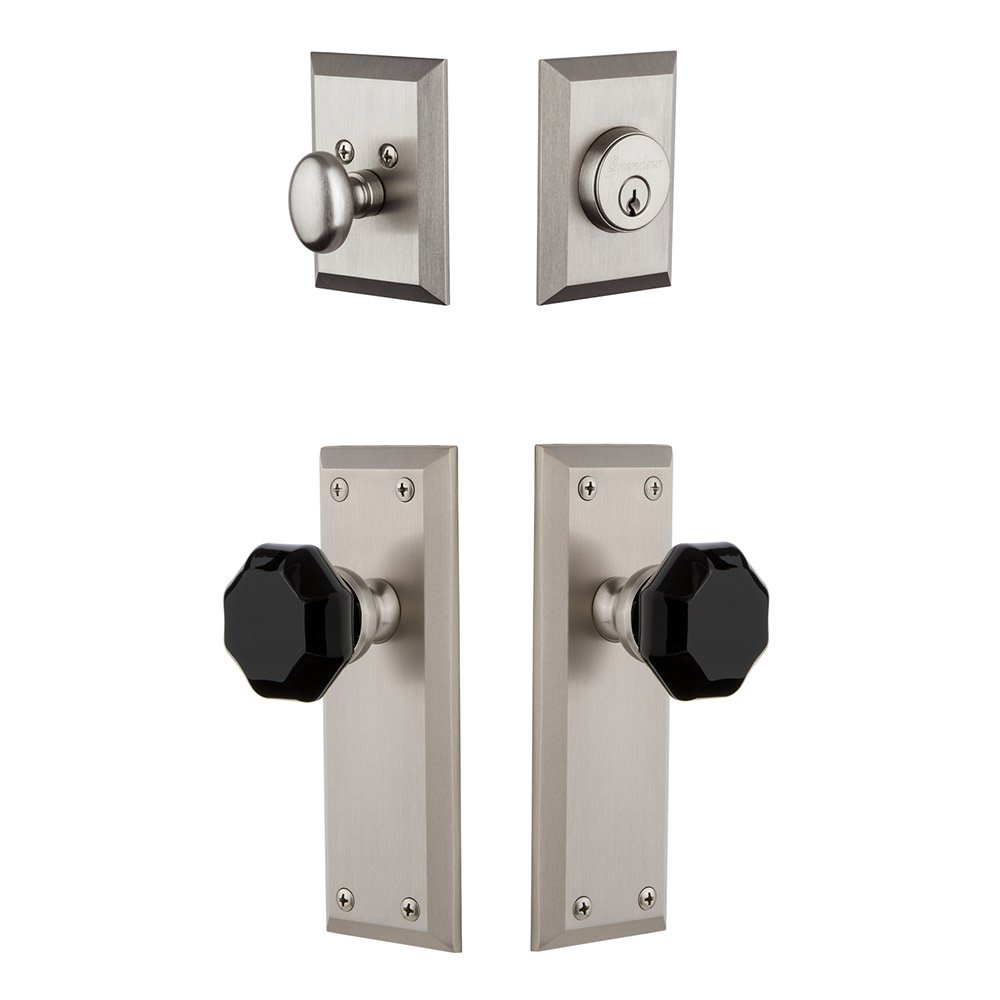 Grandeur Fifth Avenue Plate with Lyon Knob and matching Deadbolt in Satin Nickel