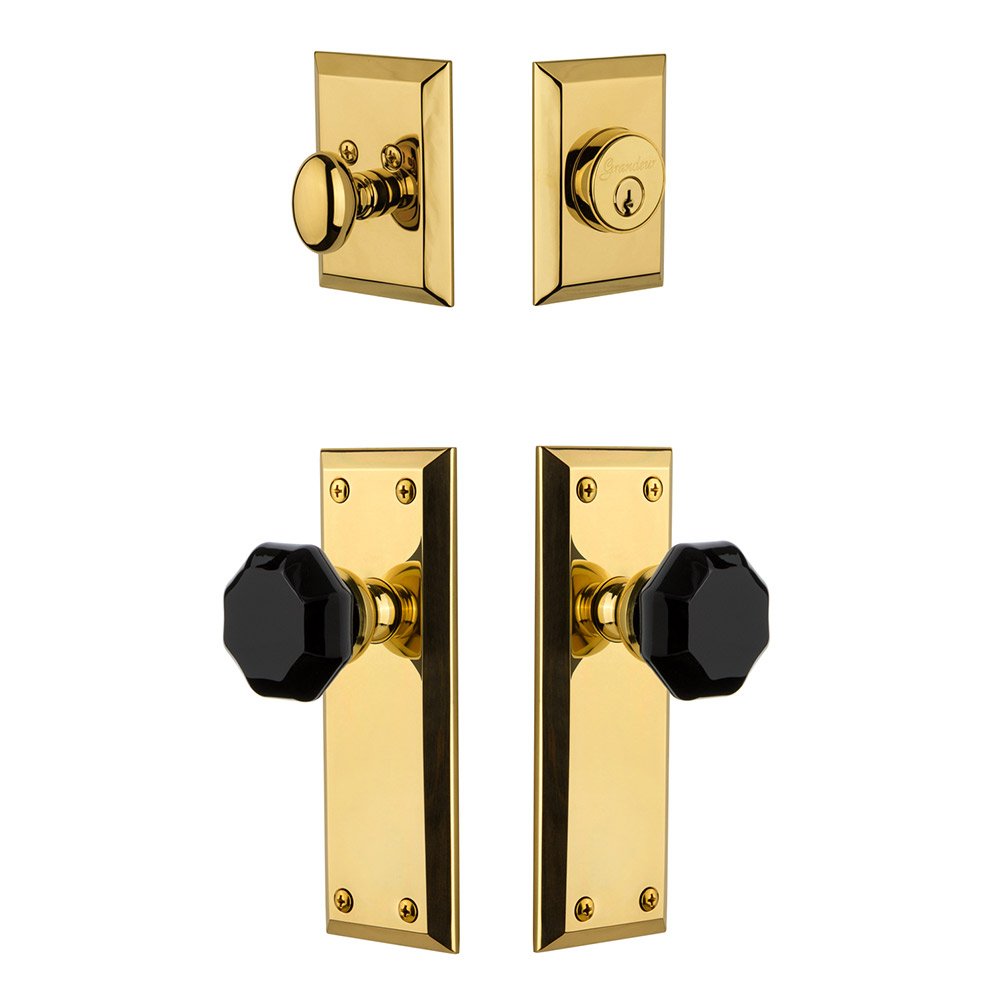 Grandeur Fifth Avenue Plate with Lyon Knob and matching Deadbolt in Lifetime Brass