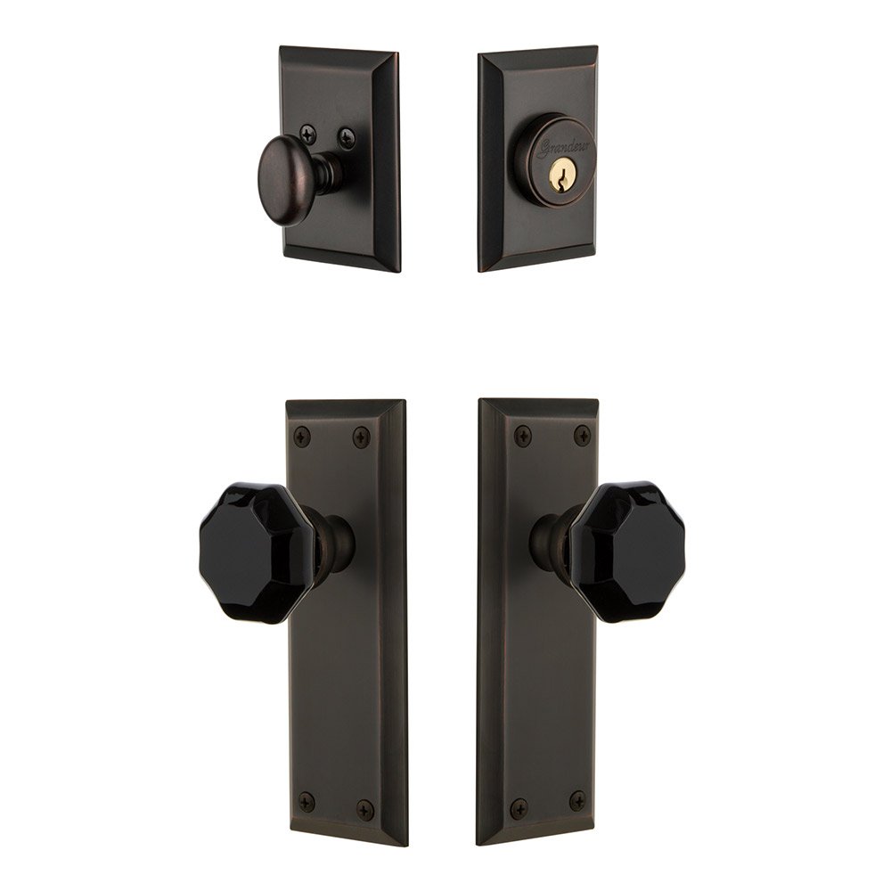 Grandeur Fifth Avenue Plate with Lyon Knob and matching Deadbolt in Timeless Bronze