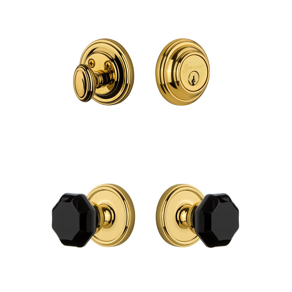 Grandeur Georgetown Rosette with Lyon Knob and matching Deadbolt in Lifetime Brass