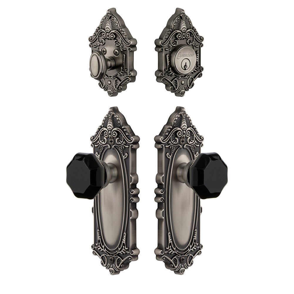 Grandeur Grande Victorian Plate with Lyon Knob and matching Deadbolt in Antique Pewter