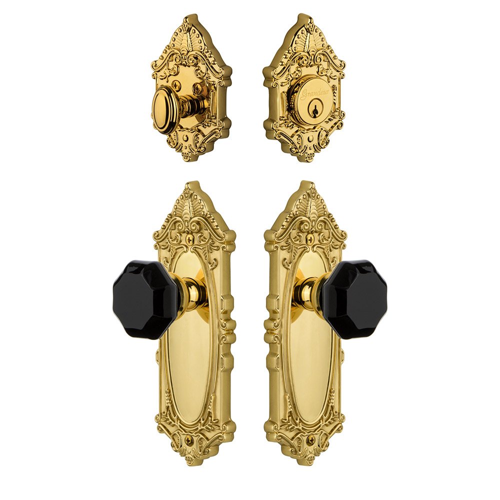 Grandeur Grande Victorian Plate with Lyon Knob and matching Deadbolt in Lifetime Brass