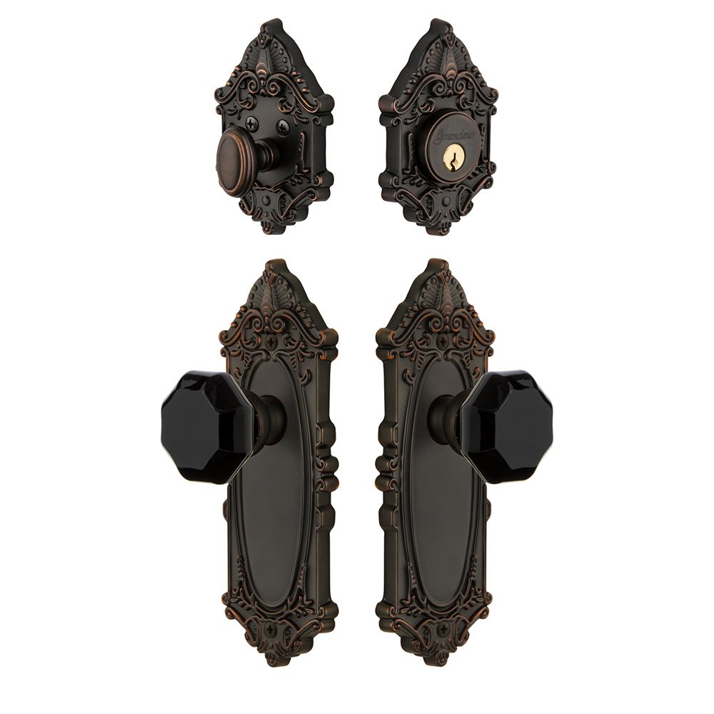 Grandeur Grande Victorian Plate with Lyon Knob and matching Deadbolt in Timeless Bronze