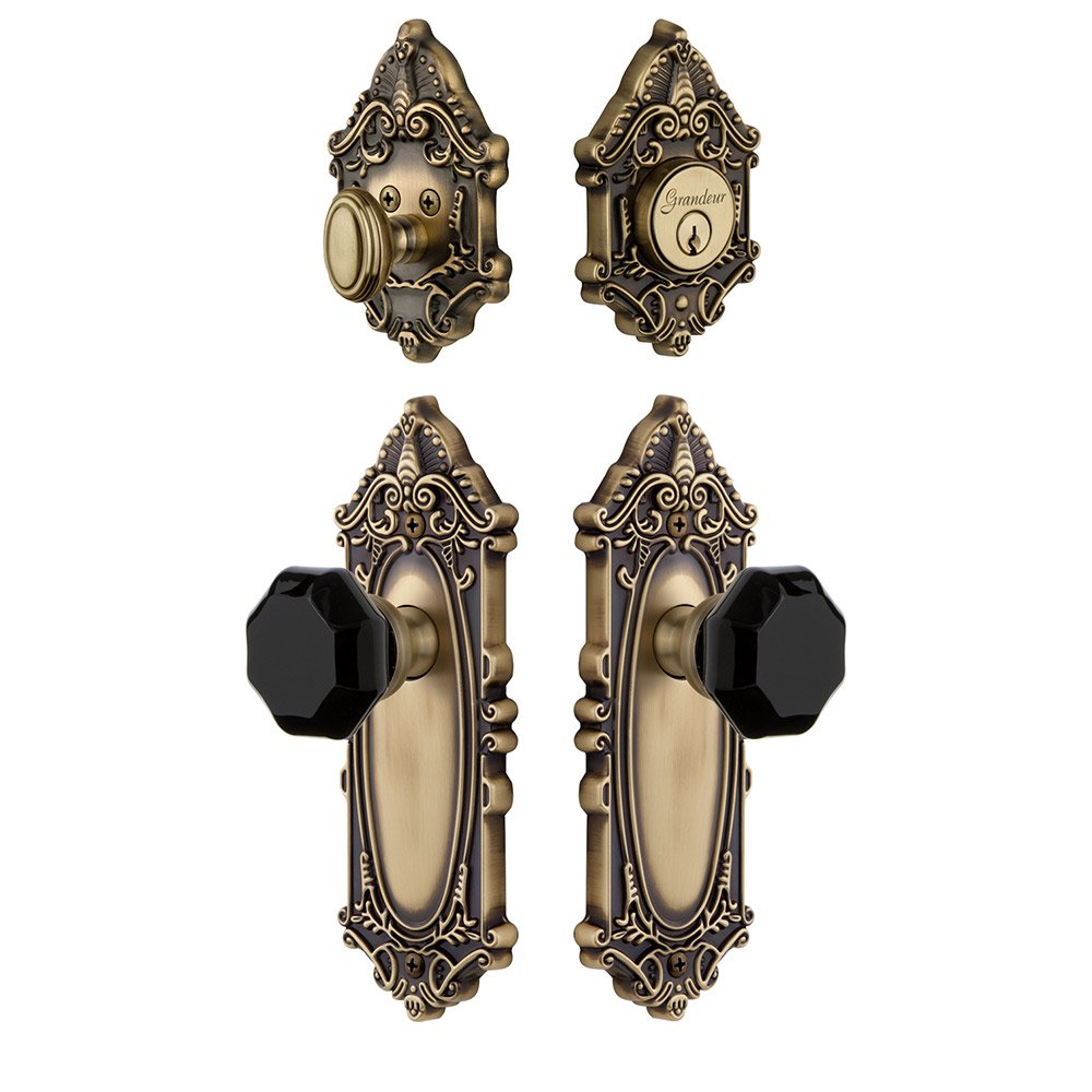 Grandeur Grande Victorian Plate with Lyon Knob and matching Deadbolt in Vintage Brass