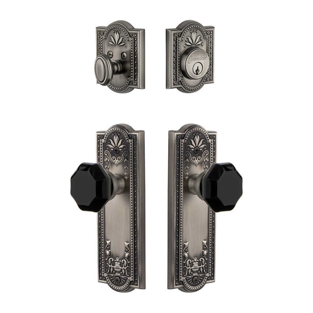 Grandeur Parthenon Plate with Lyon Knob and matching Deadbolt in Antique Pewter