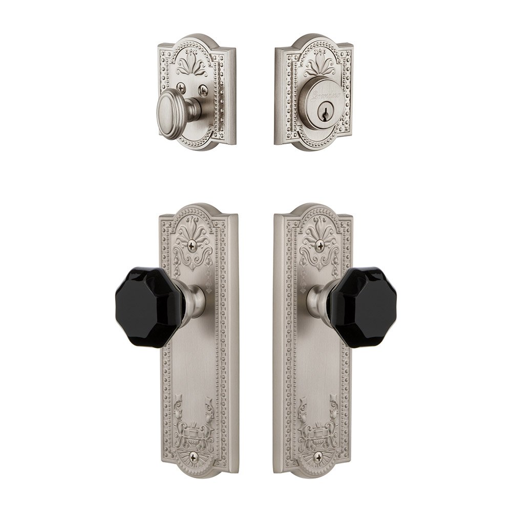 Grandeur Parthenon Plate with Lyon Knob and matching Deadbolt in Satin Nickel