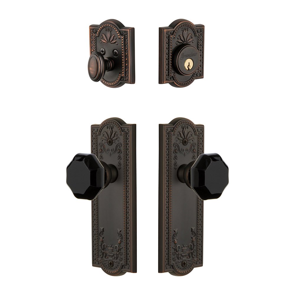 Grandeur Parthenon Plate with Lyon Knob and matching Deadbolt in Timeless Bronze