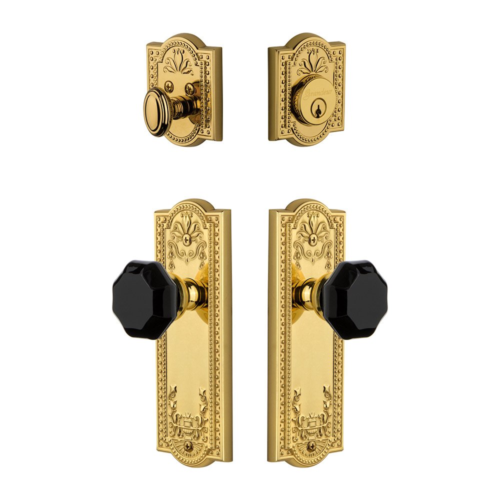 Grandeur Parthenon Plate with Lyon Knob and matching Deadbolt in Lifetime Brass