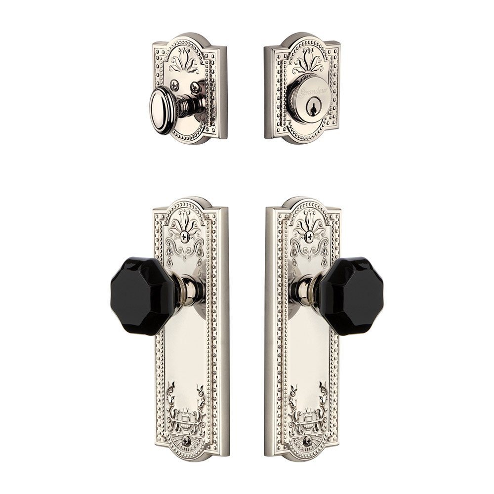 Grandeur Parthenon Plate with Lyon Knob and matching Deadbolt in Polished Nickel