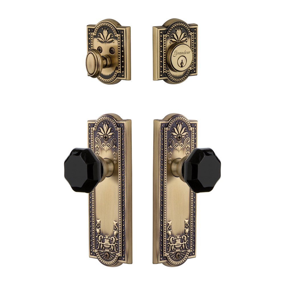 Grandeur Parthenon Plate with Lyon Knob and matching Deadbolt in Vintage Brass