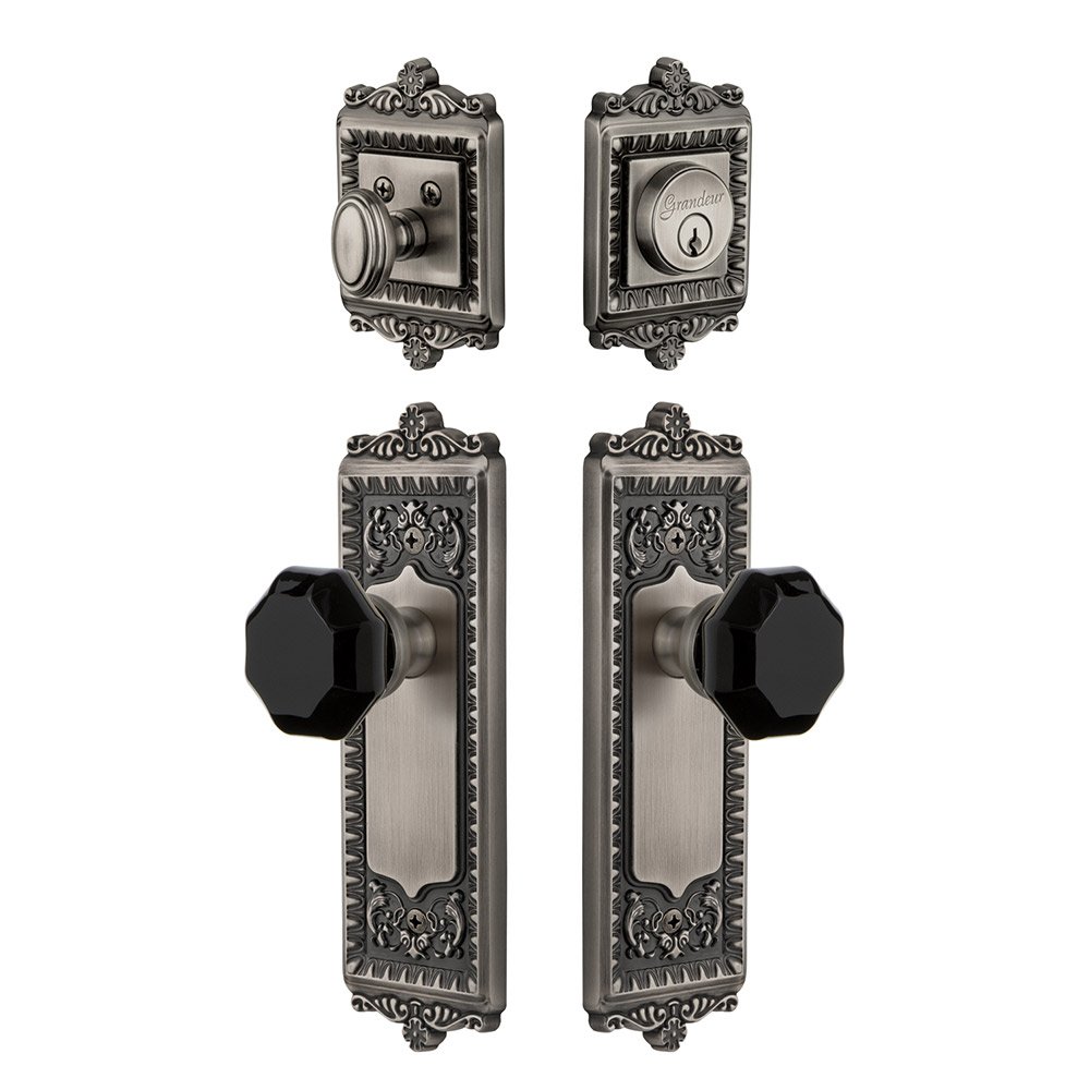 Grandeur Windsor Plate with Lyon Knob and matching Deadbolt in Antique Pewter