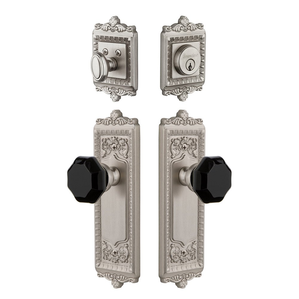 Grandeur Windsor Plate with Lyon Knob and matching Deadbolt in Satin Nickel