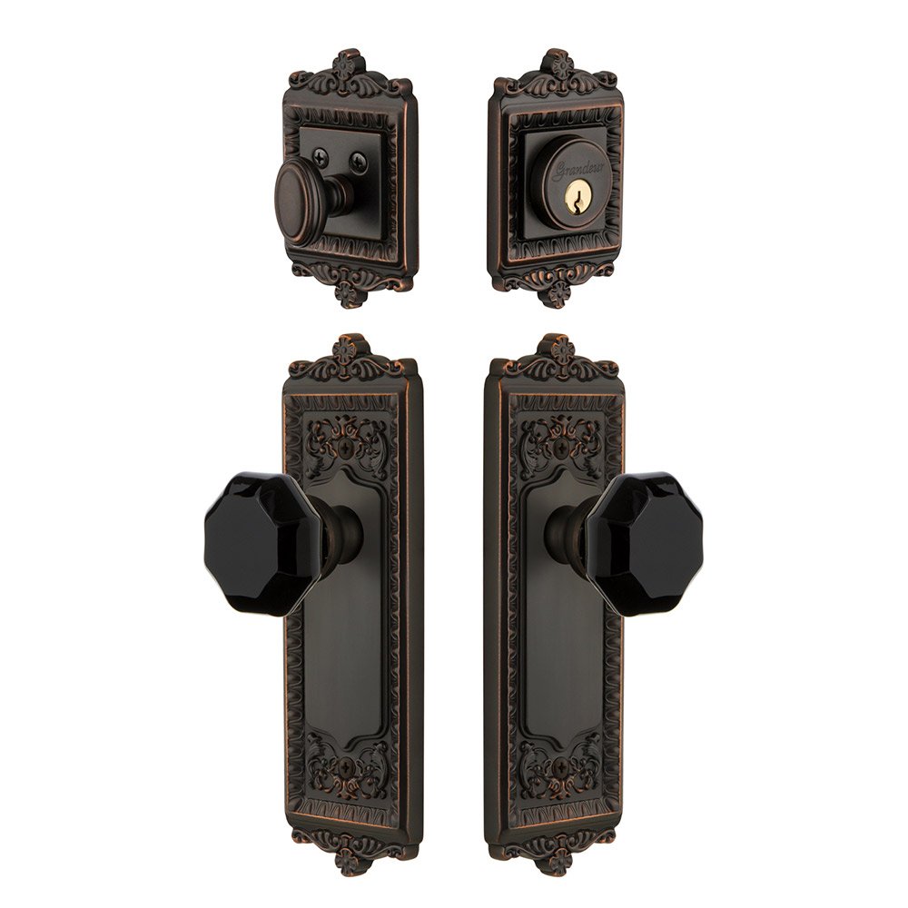 Grandeur Windsor Plate with Lyon Knob and matching Deadbolt in Timeless Bronze